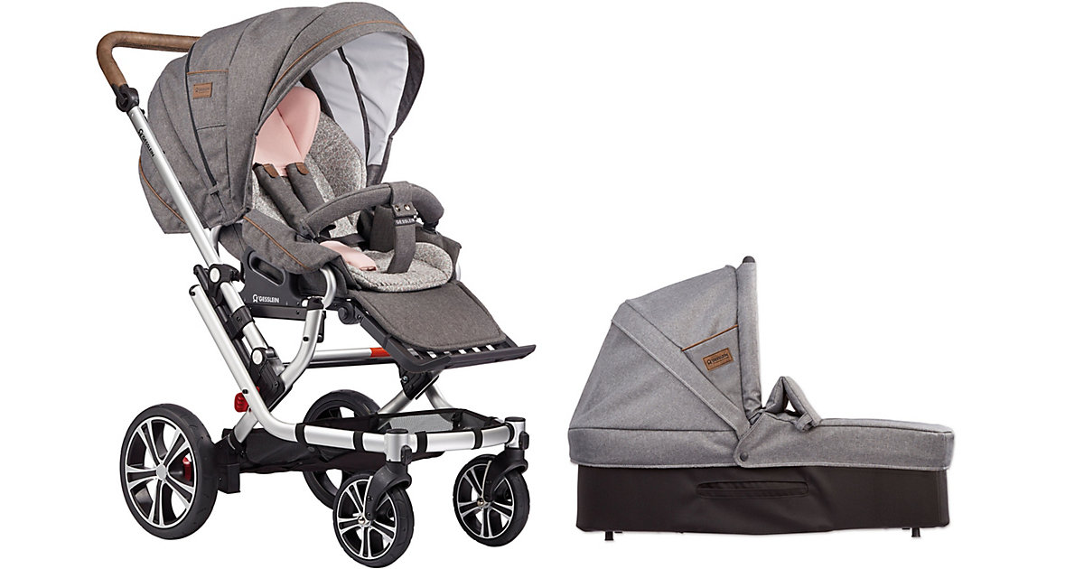 Gesslein · Kombi Kinderwagen F6 Air+ inkl. C3 Wanne, Gestell schwarz/tabak, GA MC, grau meliert / Blume / rosa Gesslein · Kombi Kinderwagen F6 Air+ inkl. C3 Wanne, Gestell schwarz/tabak, GA MC, grau meliert / Blume / rosa
