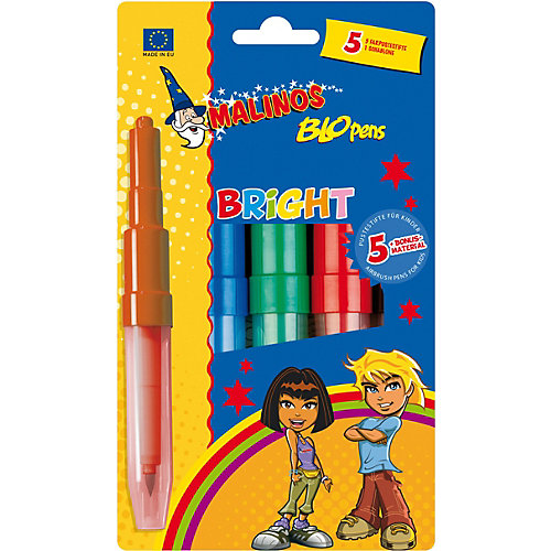 Фломастер-аэрограф Malinos "Blopens Bright", 5 шт., 1 трафарет от Malinos
