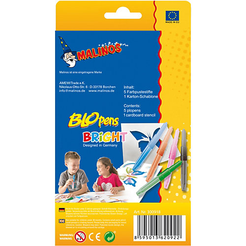 Фломастер-аэрограф Malinos "Blopens Bright", 5 шт., 1 трафарет от Malinos