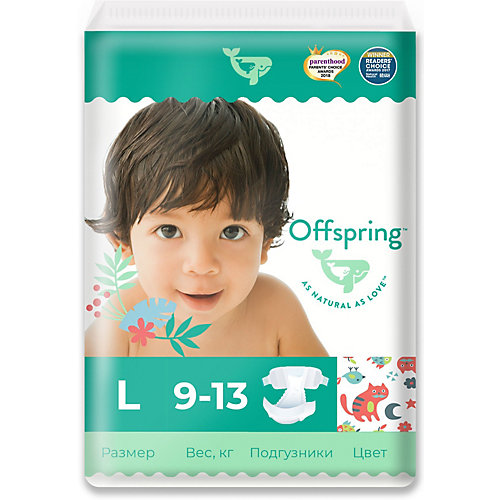 Эко-подгузники Offspring Котики L 9-13 кг., 36 шт. от Offspring