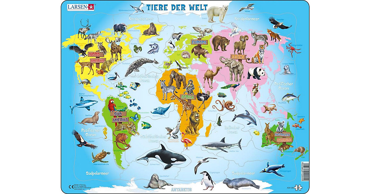Rahmen-Puzzle, 28 Teile, 36x28 cm, Karte Tiere der Welt