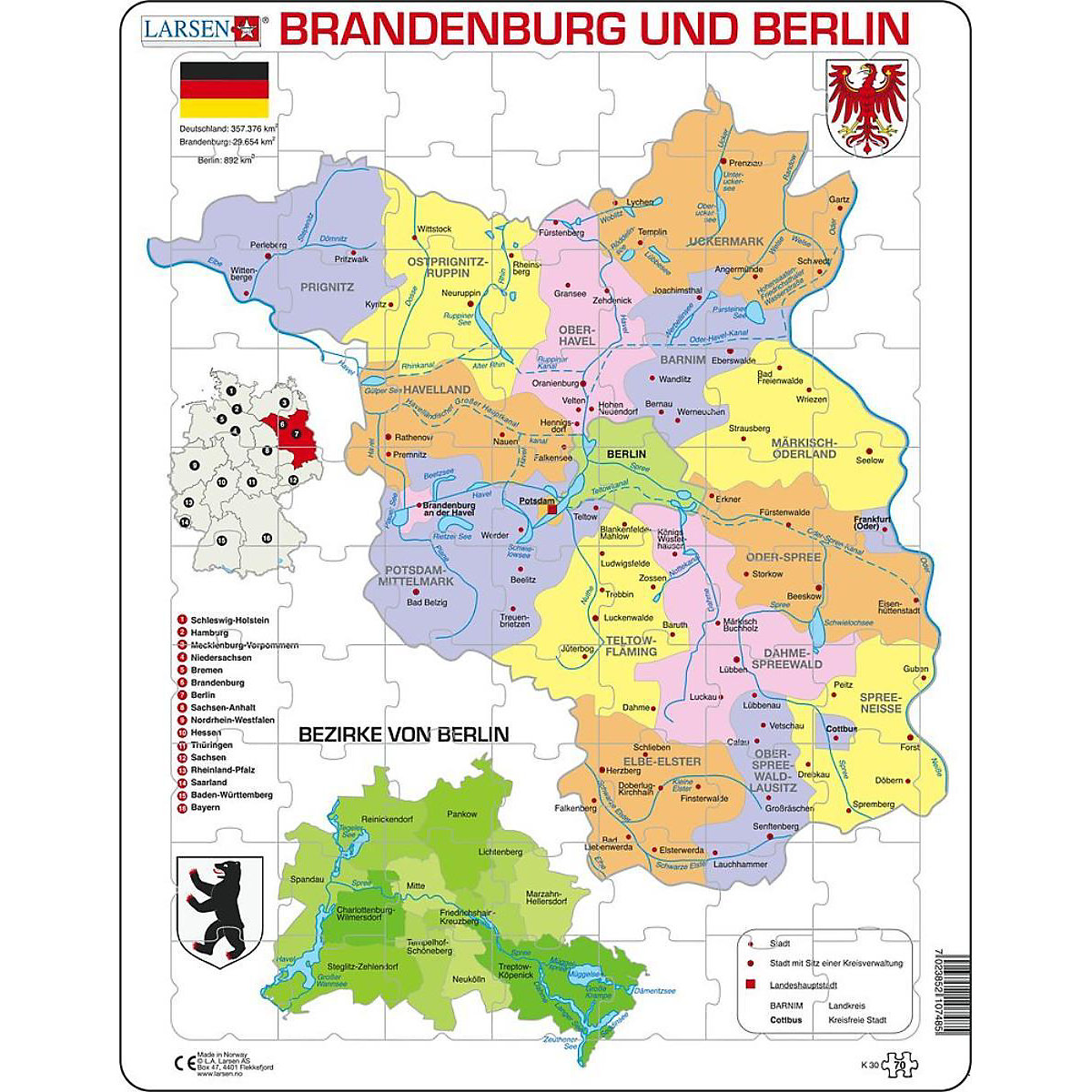 Larsen Rahmen-Puzzle 70 Teile 36x28 cm Karte Brandenburg / Berlin (politisch)