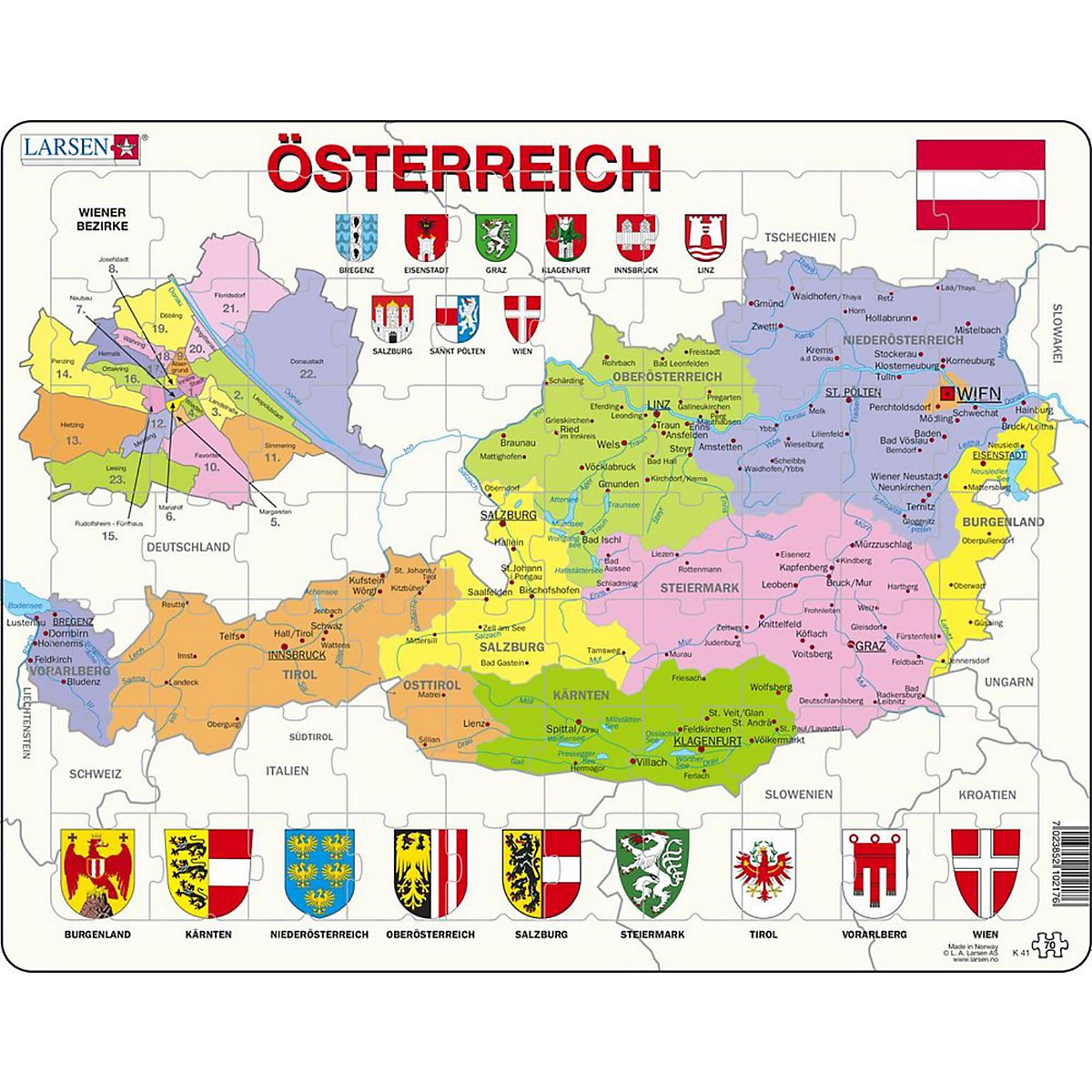 Larsen Rahmen-Puzzle 70 Teile 36x28 cm Karte Österreich (politisch)