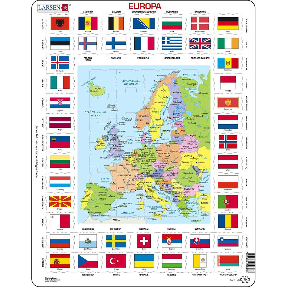 Larsen Rahmen-Puzzle 70 Teile 36x28 cm Europa Länder & Flaggen