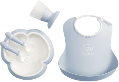 Esslernset mit Kinderbesteck, Schale, Becher und L�tzchen, blassblau