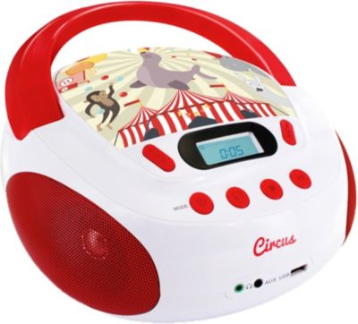 CD-Player Boombox mit Radio/USB/SD ´´Zirkus´´ rot/weiß