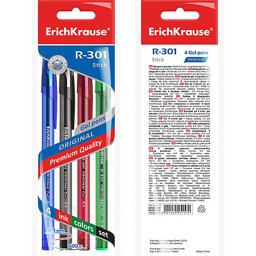 Ручка гелевая Erich Krause R-301 Original Gel 0.5, цвет чернил: синий, черный, красный, зеленый от Erich Krause