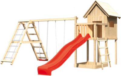 Spielturm Frieda mit Anbau, Satteldach, Ger�st, Doppelschaukel und Rutsche rot