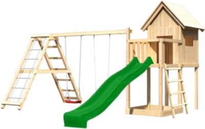 Spielturm Frieda mit Anbau, Satteldach, Ger�st, Doppelschaukel und Rutsche gr�n