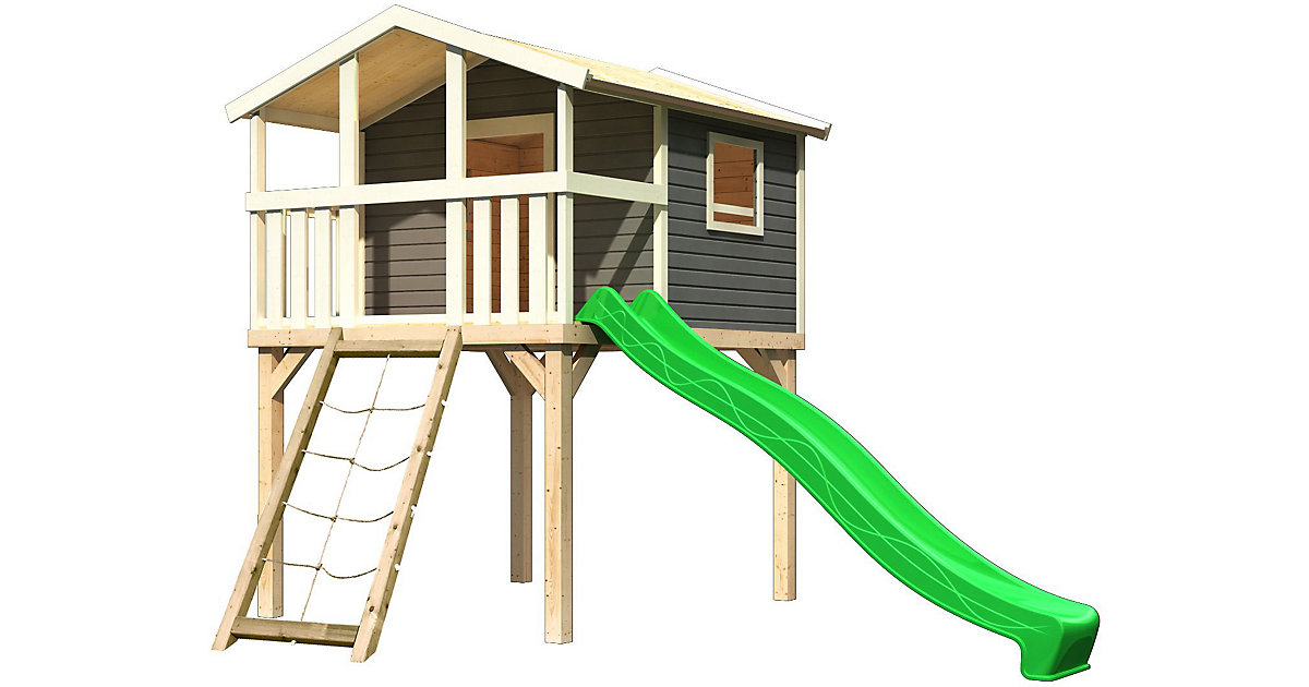 KARIBU · Stelzenhaus Benjamin terragrau mit Netzrampe und Rutsche grün KARIBU · Stelzenhaus Benjamin terragrau mit Netzrampe und Rutsche grün