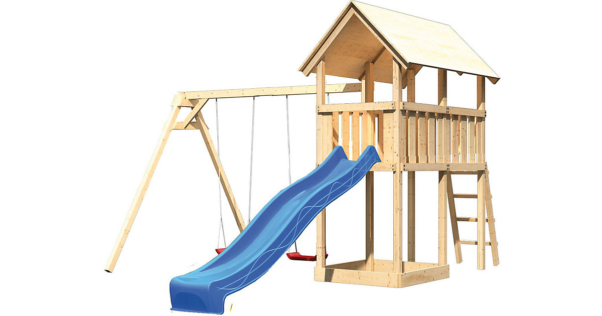 Akubi Spielturm Danny mit Satteldach, Doppelschaukel und Rutsche blau
