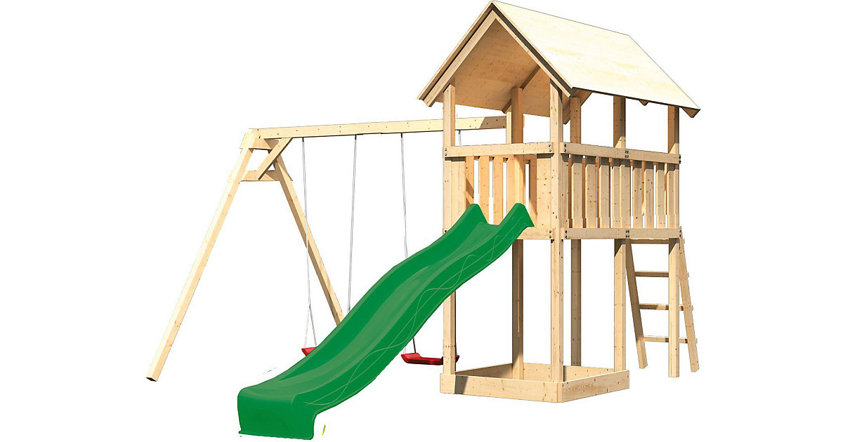 Akubi Spielturm Danny mit Satteldach, Doppelschaukel und Rutsche grün