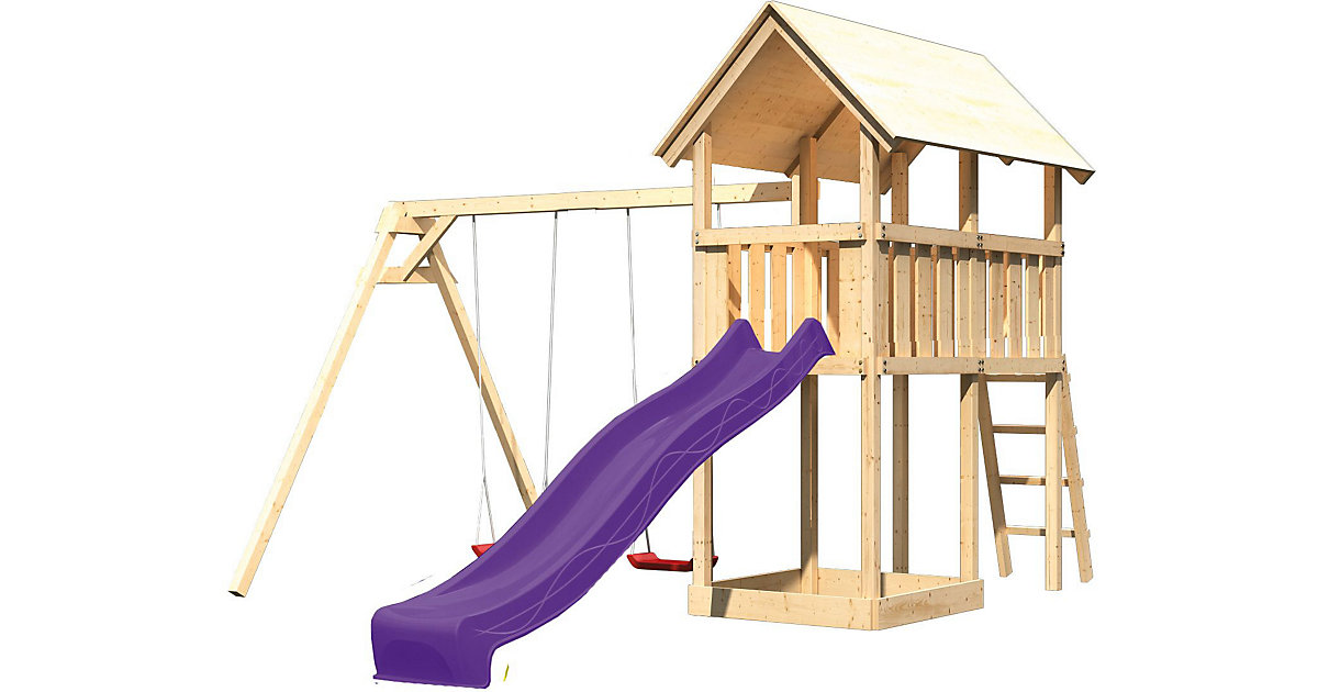 Akubi Spielturm Danny mit Satteldach, Doppelschaukel & Rutsche, violett