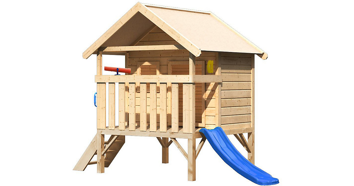 Akubi Mini Haus mit Handgriffen, Telefon, Teleskop und Rutsche blau holzfarben