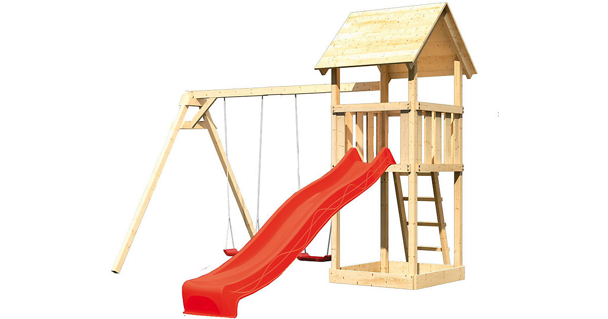 Spielturm Lotti mit Satteldach, Doppelschaukel und Rutsche rot