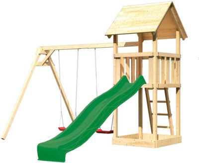 Spielturm Lotti mit Satteldach, Doppelschaukel und Rutsche grün
