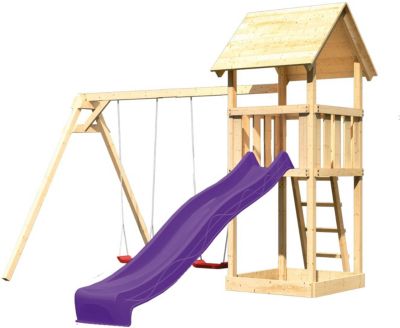 Spielturm Lotti mit Satteldach, Doppelschaukel und Rutsche violett