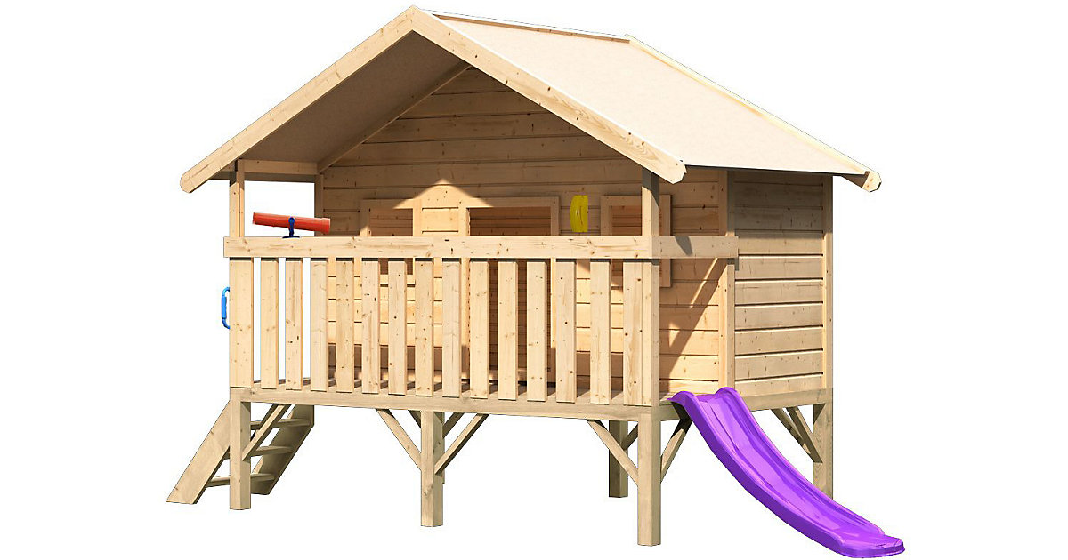 Maxi Haus mit Handgriffen, Telefon und Teleskop, Rutsche violett holzfarben