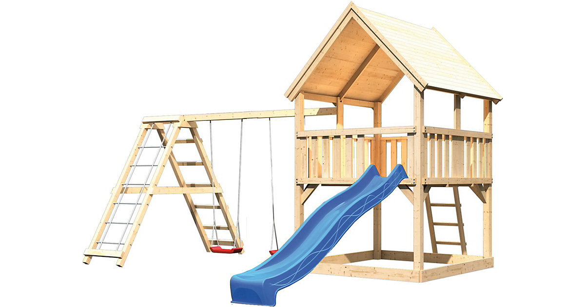 Akubi Spielturm Luis mit Satteldach, Gerüst, Doppelschaukel und Rutsche blau