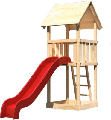 Spielturm Lotti mit Satteldach und Rutsche rot