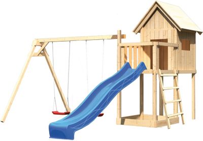 Spielturm Frieda mit Anbau, Satteldach, Doppelschaukel und Rutsche blau