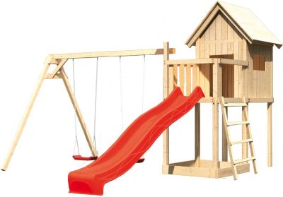 Spielturm Frieda mit Anbau, Satteldach, Doppelschaukel und Rutsche rot