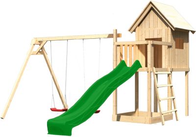 Spielturm Frieda mit Anbau, Satteldach, Doppelschaukel und Rutsche gr�n