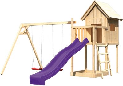 Spielturm Frieda mit Anbau, Satteldach, Doppelschaukel und Rutsche violett