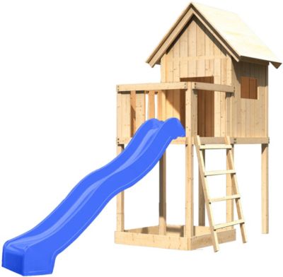Spielturm Frieda mit Anbau, Satteldach und Rutsche blau