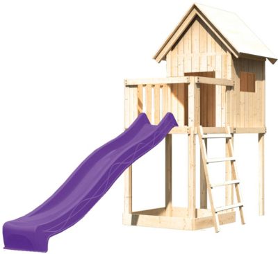 Spielturm Frieda mit Anbau, Satteldach und Rutsche violett