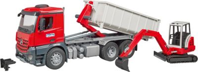 Bruder 03624 MB Arocs LKW Abrollcontainer Schaeff Minibagger Lastwagen Spielzeug 