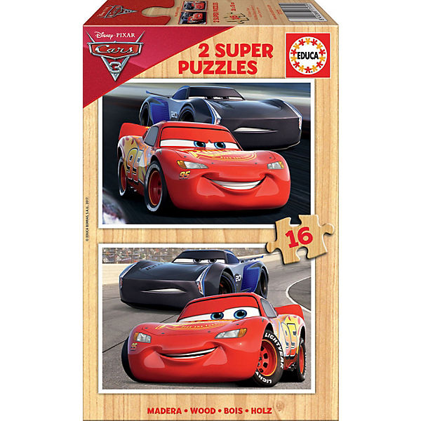 2er-Set Holz-Puzzle, 16 Teile, 26x18 cm, Disney Cars