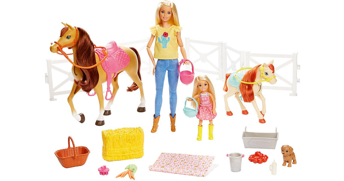 Spielzeug/Puppen: Mattel Barbie Reitspaß mit Barbie (blond), Chelsea, Pferd und Pony, Pferde Spielzeug mehrfarbig