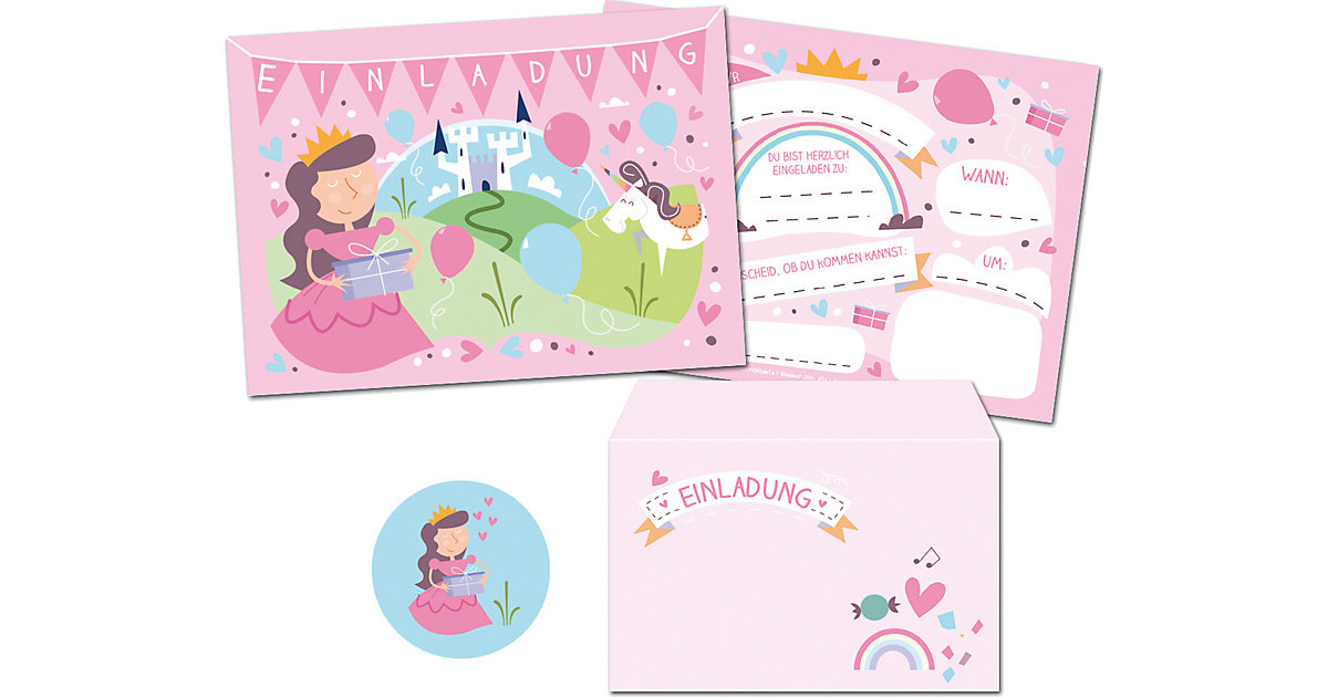 10 Einladungskarten inkl. Umschläge ´´Prinzessin´´ + 11 Sticker rosa/grün