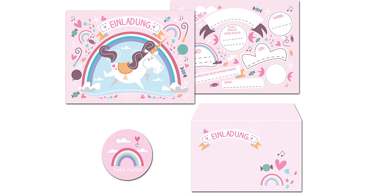 10 Einladungskarten inkl. Umschläge ´´Einhorn´´ + 11 Sticker rosa/blau