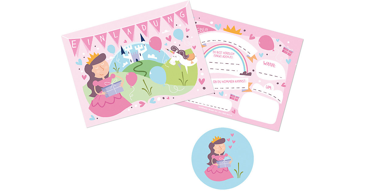 10 Einladungskarten ´´Prinzessin´´ + 11 Sticker rosa/grün