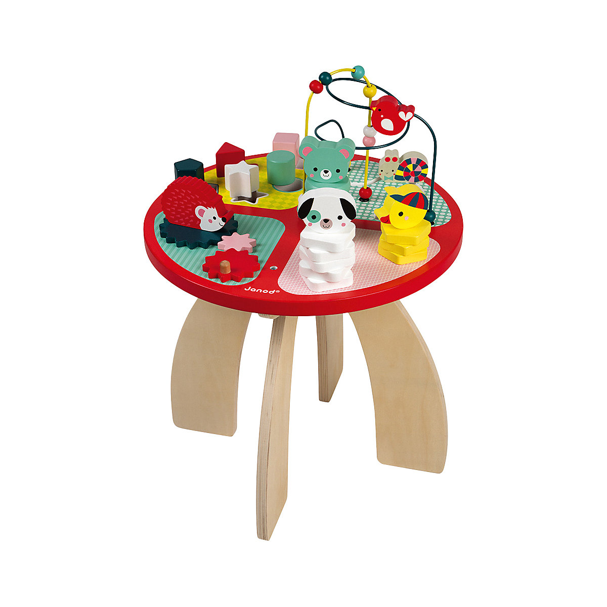 Janod Spieltisch Baby Forest aus Holz Stapeln Sortieren und Geschicklichkeit Baby Spielzeug mit Labyrinth Zahnradsystem Abakus und 3 Holztieren Holzspielzeug ab 1 Jahr J08018