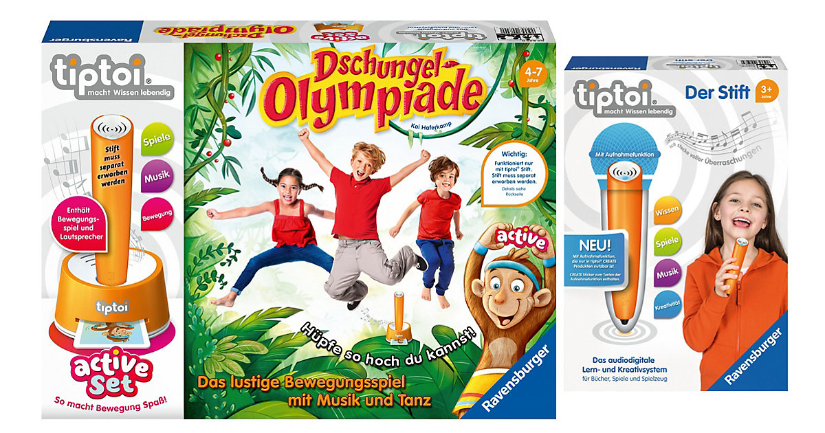Brettspiele/Lernspiele: Ravensburger Bundle tiptoi®: Der Stift mit Aufnahmefunktion + active Set Dschungel-Olympiade