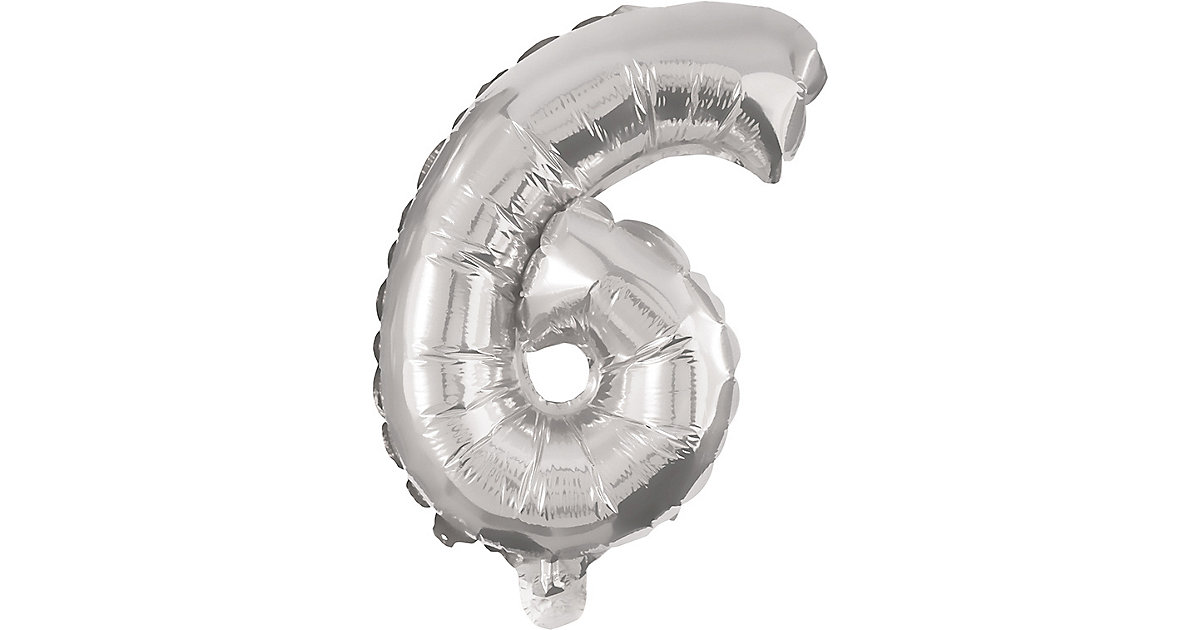 Folienballon Silber 1 Folienballon SILBER No. 6 mit 1 Papierhalm zum Aufblasen 35 cm silber