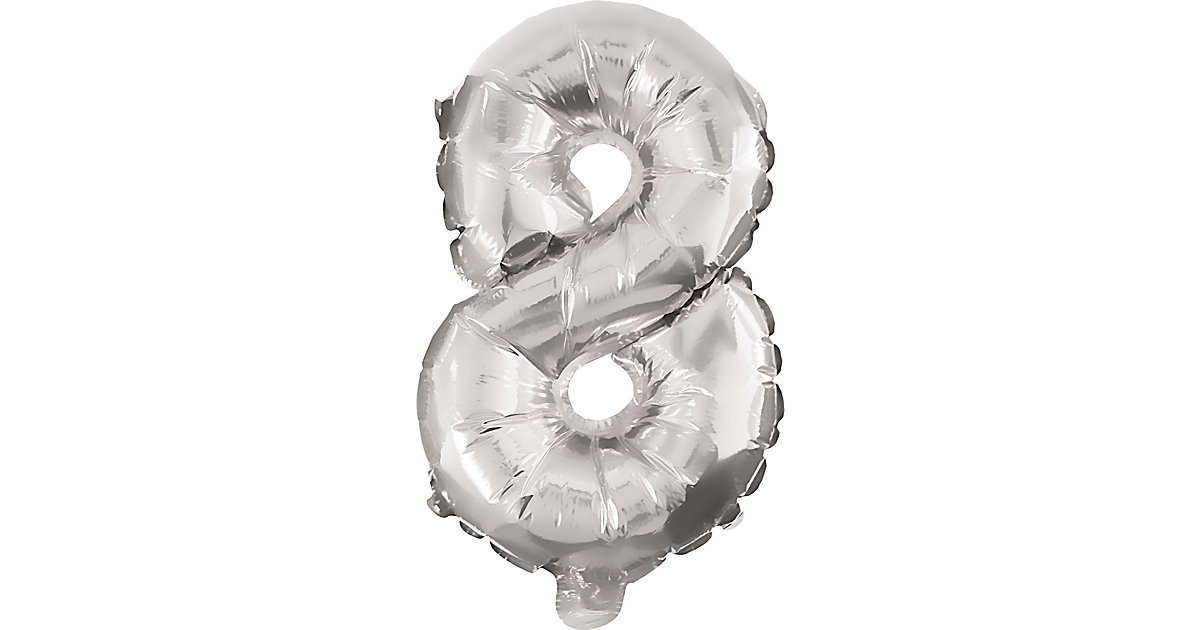Folienballon Silber 1 Folienballon SILBER No. 8 mit 1 Papierhalm zum Aufblasen 35 cm silber