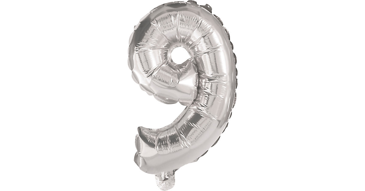 Folienballon Silber 1 Folienballon SILBER No. 9 mit 1 Papierhalm zum Aufblasen 35 cm silber