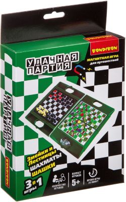 Набор настольных игр Bondibon Удачная партия "Шахматы, шашки, змейки и лестницы", 3 в 1