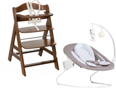Hochstuhl Alpha+B, walnut inkl. Bouncer Deluxe 2in1, Newborn Set, sand (Select)