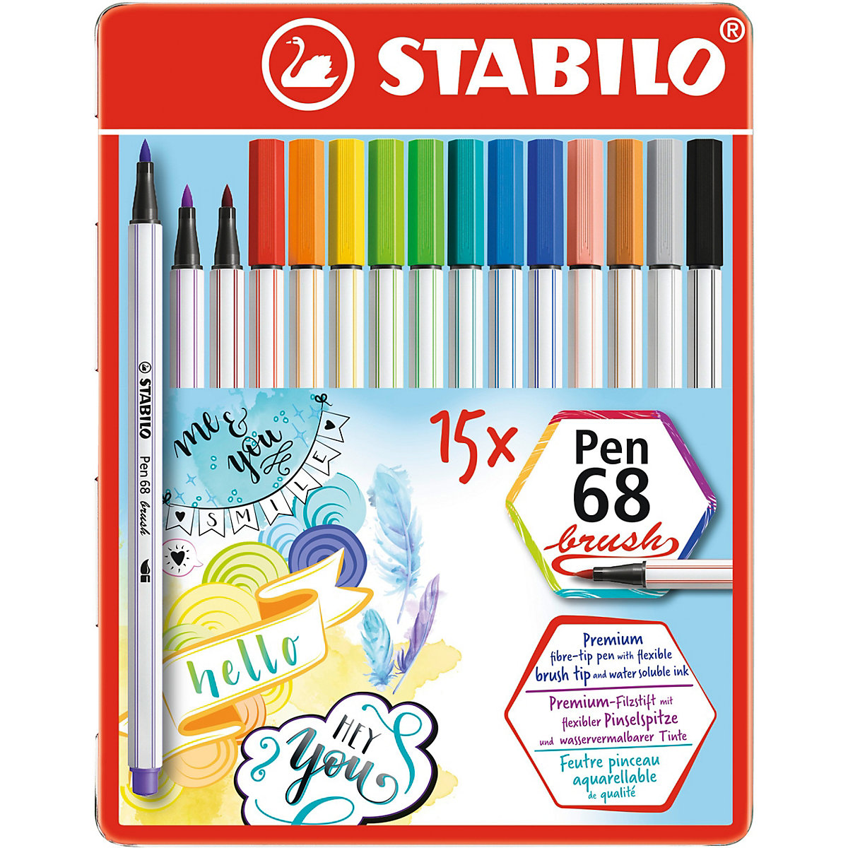 STABILO Premium-Filzstifte Pen 68 brush 15 Farben im Metalletui