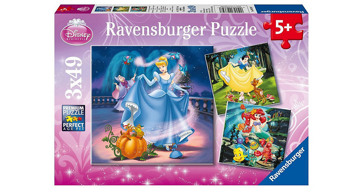 3er Set Puzzle, je 49 Teile, 21x21 cm, Schneewittchen, Arielle und Cinderella