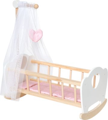Puppenwiege Bett Retro Spielzeug Holzspielzeug Natur Holz Weiß Bettwäsche 