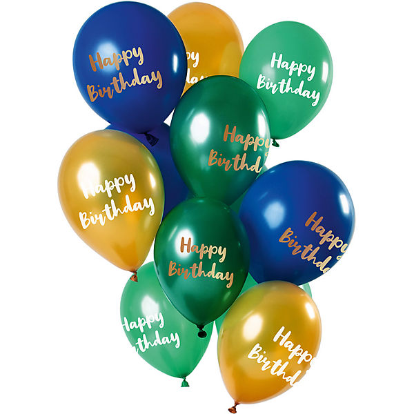 Luftballons Happy Birthyday gold/blau/grün 30 cm, 12 Stück