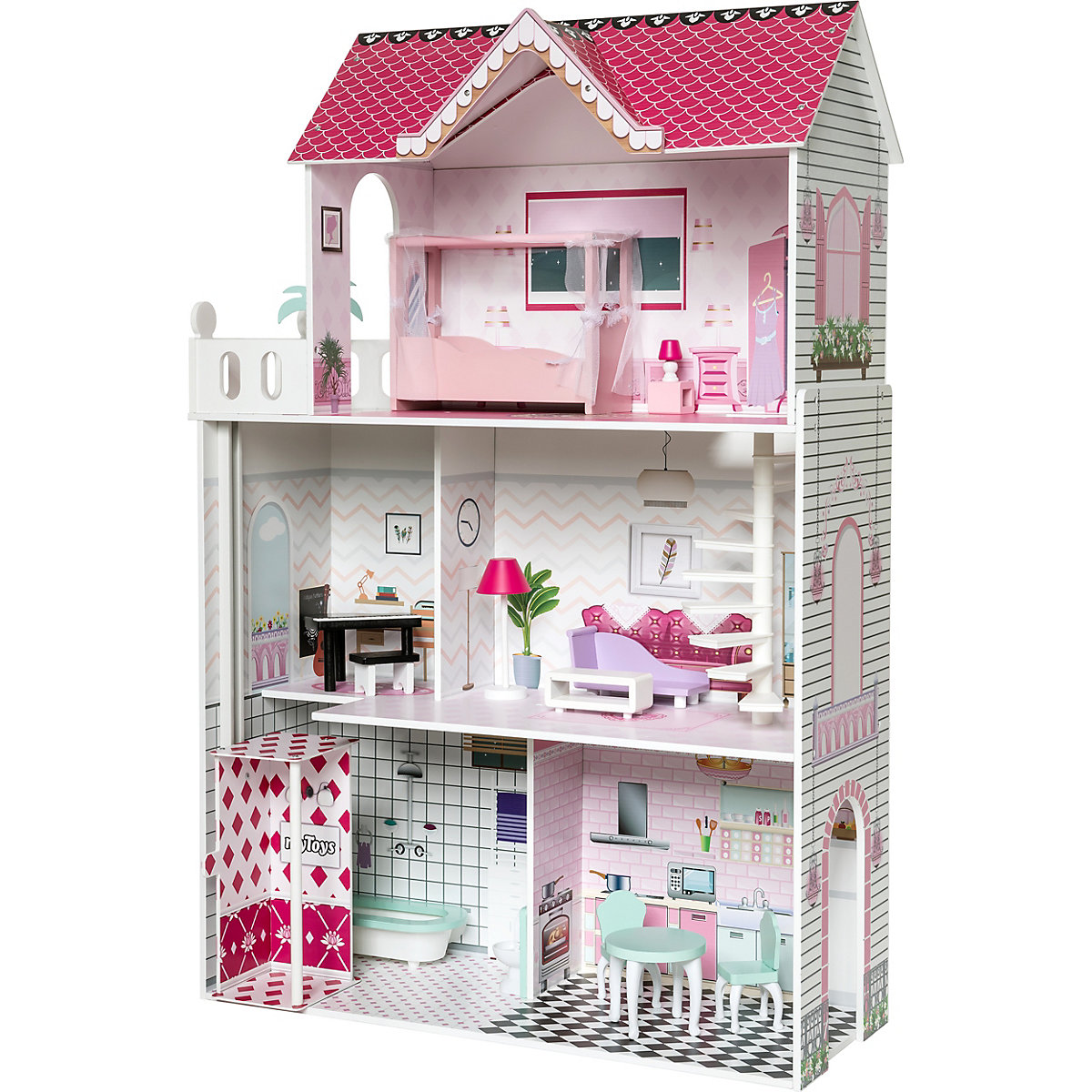 myToys ORIGINALS Puppenhaus mit 13 Möbeln pink
