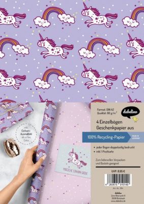 Geschenkpapier 70 cm x 50 cm …… buntes Geschenkpapier mit Einhorn- oder Dinosauriermotiv in verschiedenen Designs 6 Blatt gefaltetes Geschenkpapier 