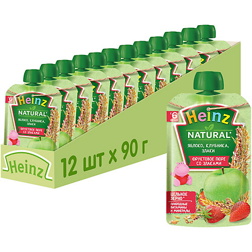 Пюре Heinz яблоко, клубника и злаки, с 6 мес, 12 штук от Heinz